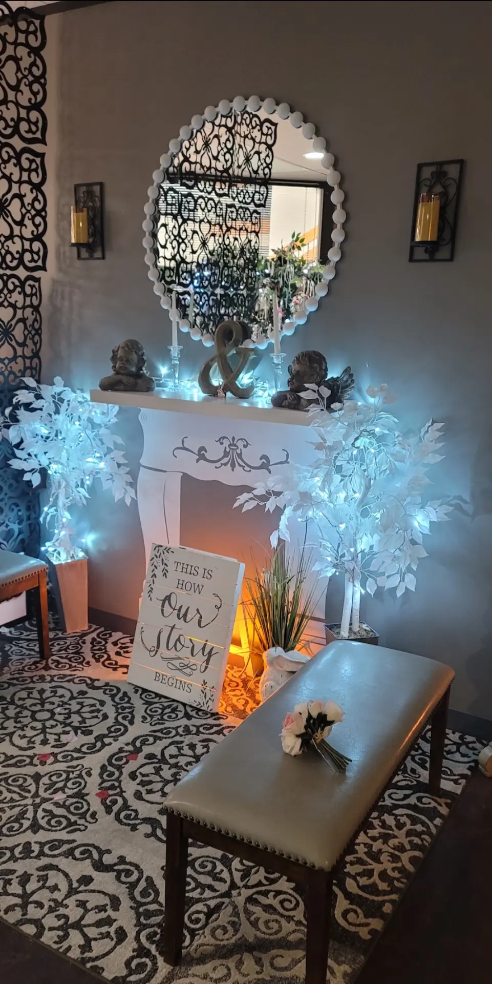 Chapel fireplace mantel with "This is how our story begins" sign