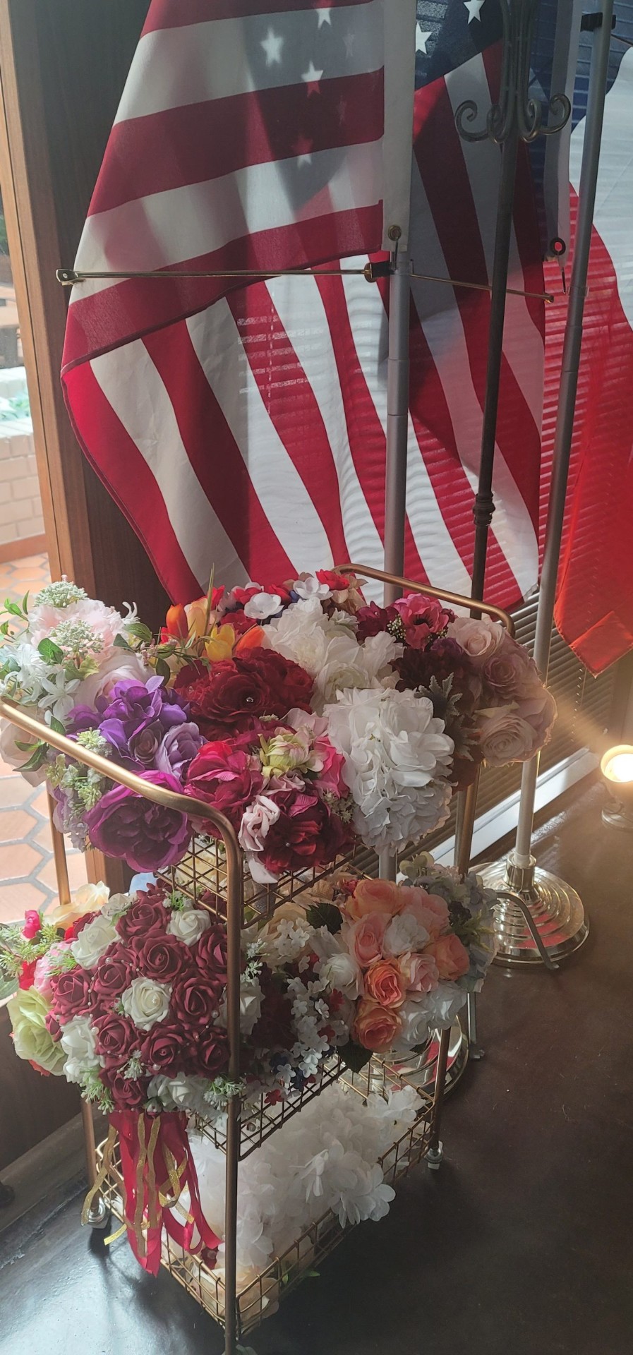 Bouquet cart and chapel lobby decor