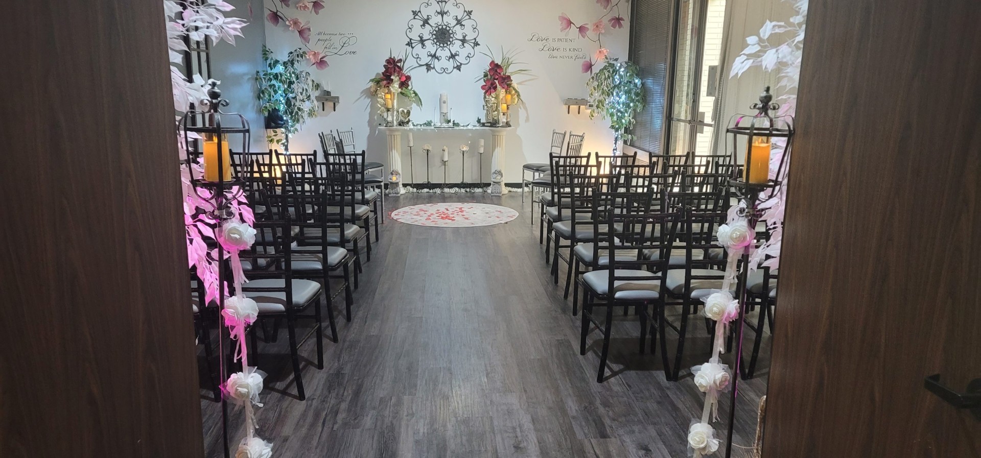 Chapel interior from the entrance with rose petals