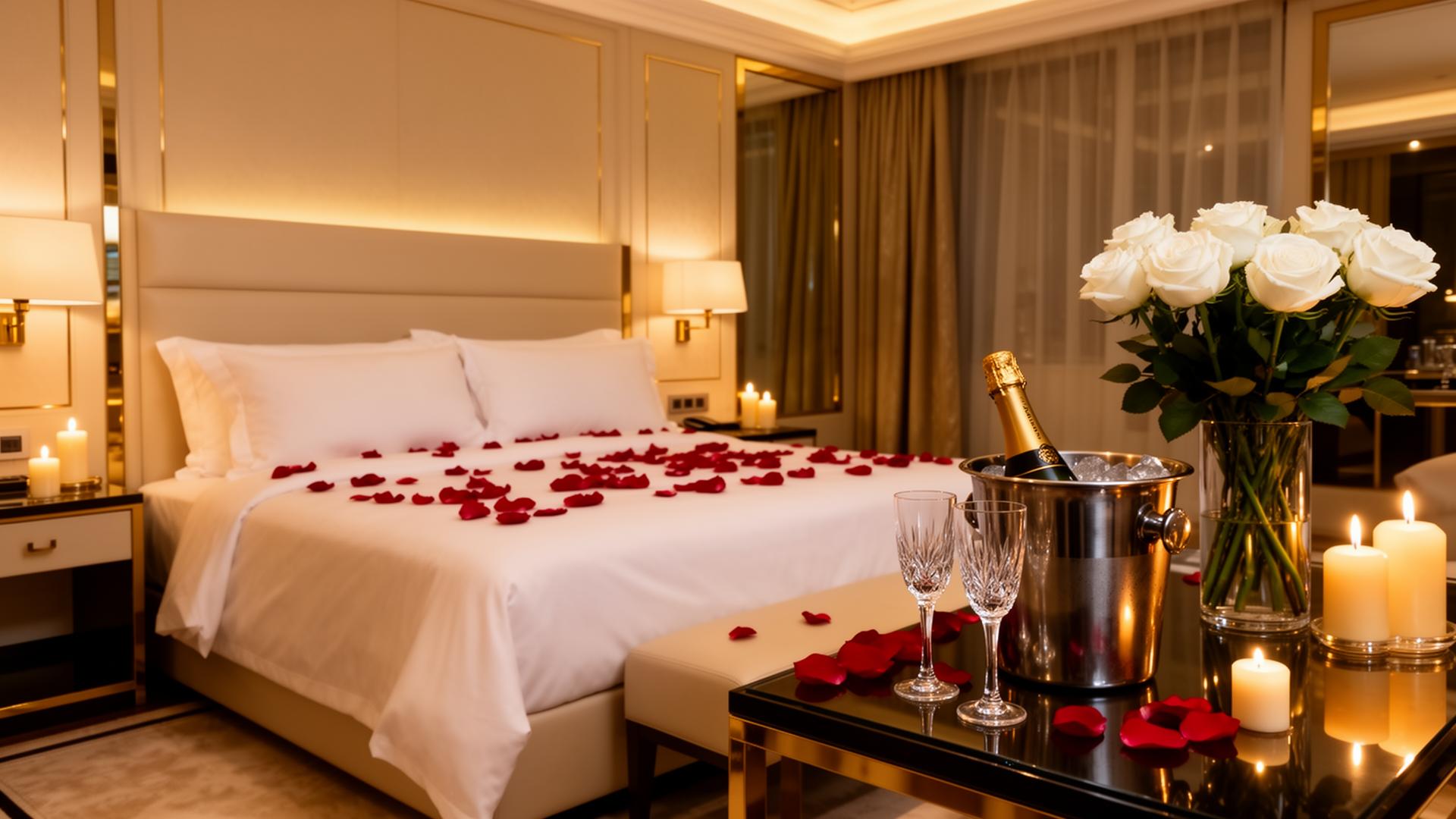 Romantic hotel suite prepared for newlyweds — champagne, rose petals, and candles