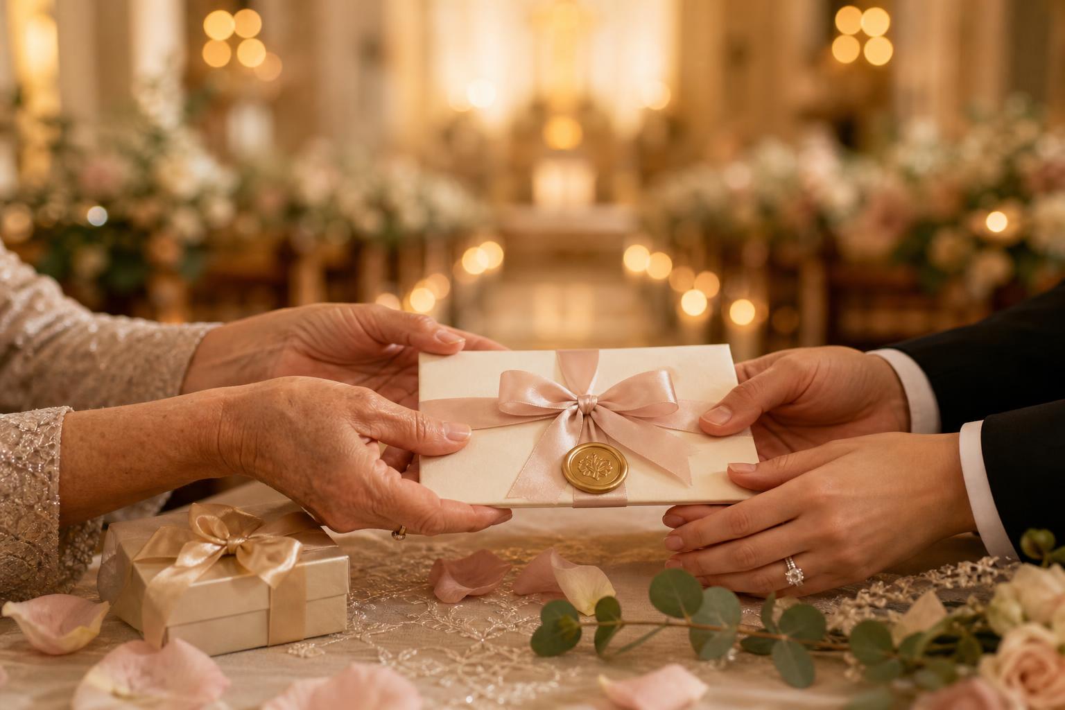 Grandparent's hands passing a wax-sealed ivory envelope tied with blush ribbon to an engaged couple's joined hands, with a candlelit chapel softly blurred in the background