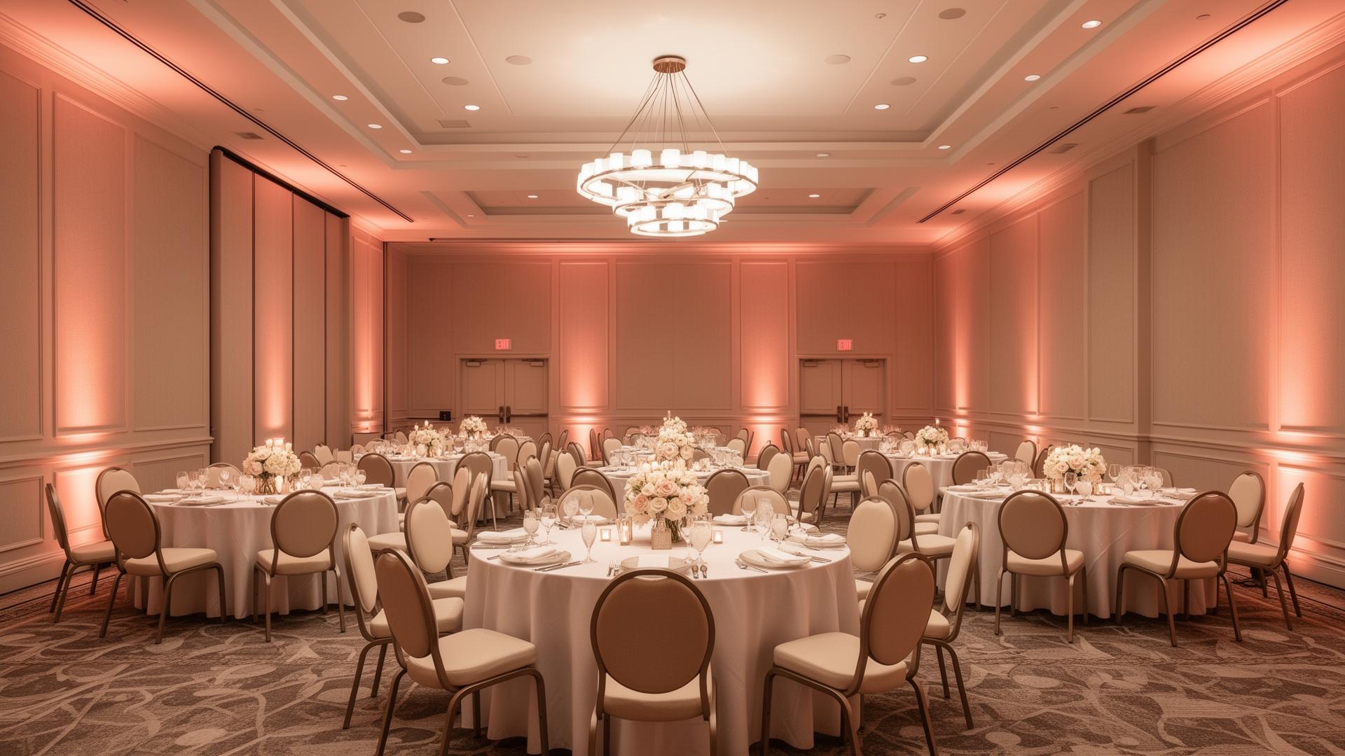 Elegant hotel ballroom set up for an intimate wedding reception in Houston